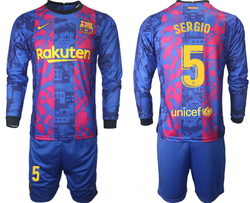 Men 2021-2022 Club Barcelona Second away blue Long Sleeve #5 Soccer Jersey->customized soccer jersey->Custom Jersey